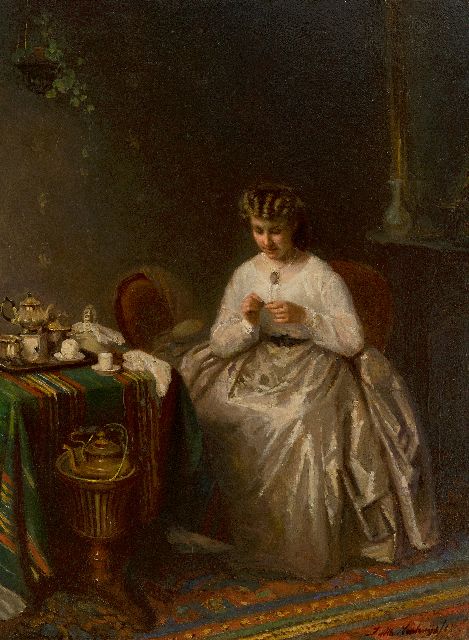 Albert Neuhuys | Nähende Frau, Öl auf Tafel, 40,1 x 31,1 cm, Unterzeichnet u.r.