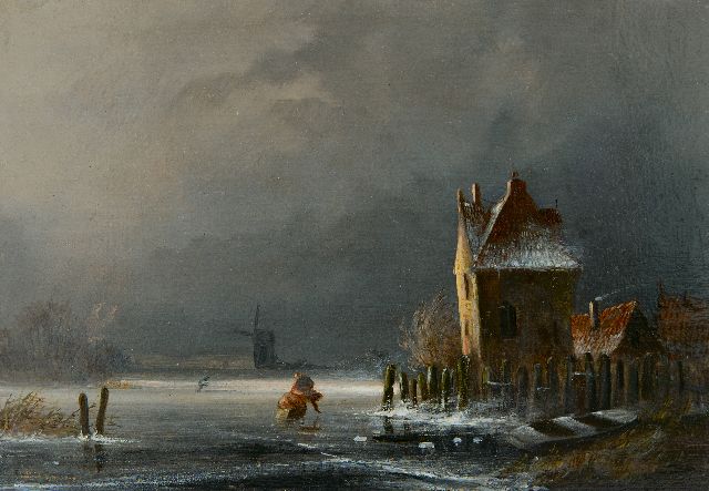 John Franciscus Hoppenbrouwers | Winterlandschaft mit nahendem Schneesturm, Öl auf Holz, 14,9 x 21,3 cm