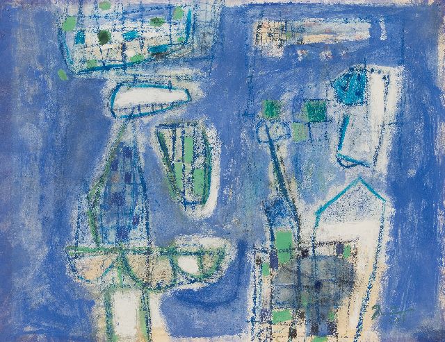 Jaap Nanninga | Komposition auf blauem Grund, Gouache und Kreide auf Papier, 48,0 x 61,5 cm, Unterzeichnet u.r. und datiert '59