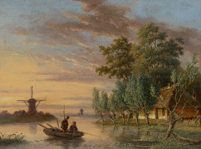 Meijier A.A. de | Flusslandschaft mit Fischern, bei Sonnenuntergang., Öl auf Tafel 22,6 x 30,0 cm, Unterzeichnet r.u.