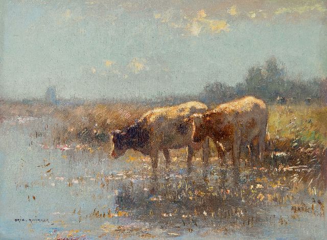 Aris Knikker | Trinkende Kühe, Öl auf Leinwand auf Holz, 18,0 x 24,1 cm, Unterzeichnet u.l.