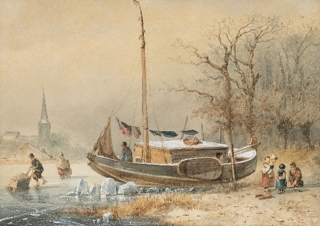Smits J.G.  | Winterlandschaft mit mit festgefrorenen Schiff, Aquarell auf Papier 22,0 x 30,0 cm, Unterzeichnet u.r. und datiert '50