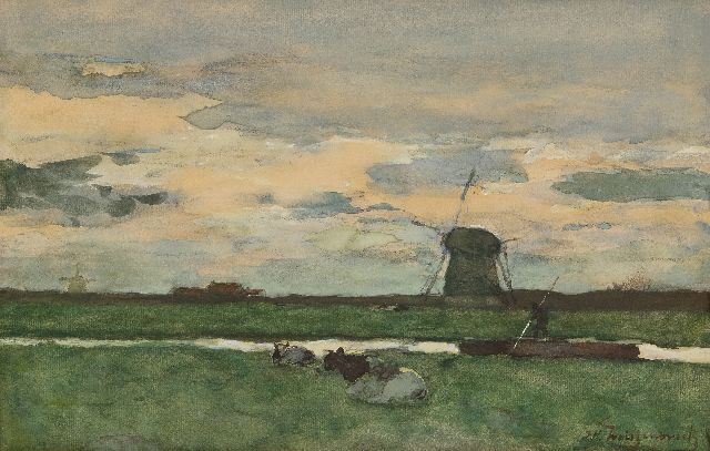 Jan Hendrik Weissenbruch | Polderlandschaft mit Windmühle, Aquarell auf Papier, 29,7 x 46,0 cm, Unterzeichnet u.r.