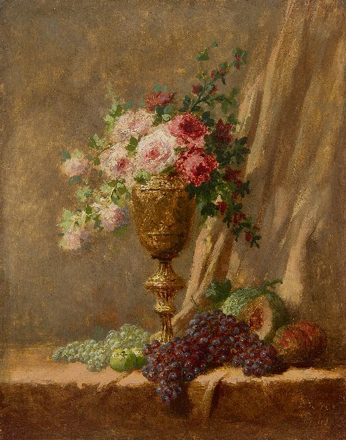 Hollandse Romantische School | Stilleben mit Rosen in Kupferbecher und Obst, Öl auf Holz, 27,0 x 21,3 cm