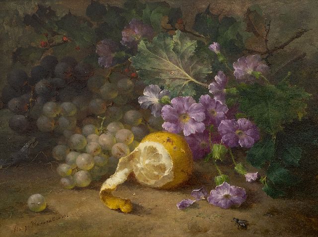 Margaretha Roosenboom | Stilleben mit Trauben, Zitrone und Blumen auf dem Waldboden, Öl auf Holz, 29,5 x 40,1 cm, Unterzeichnet u.l.