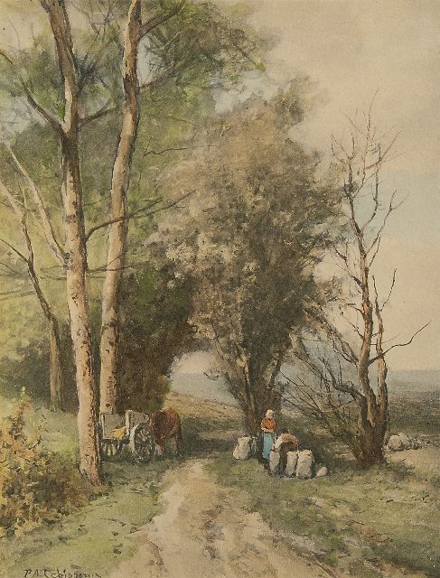 Piet Schipperus | Waldweg mit Bauernwagen und Figuren, Aquarell auf Papier, 25,7 x 19,9 cm, Unterzeichnet u.l.