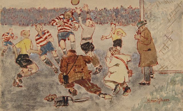 Richard Bloos | Das Fussballspiel, Aquarell und Gouache auf Papier, 14,6 x 23,5 cm, Unterzeichnet u.r.