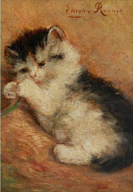 Emma Ronner | Spielerisch junges Kätzchen, Öl auf Tafel, 23,4 x 16,5 cm, Unterzeichnet o.r.