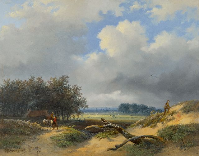 François Auguste Ortmans | Tallandschaft mit Jäger und Bauer, Öl auf Tafel, 23,4 x 29,4 cm, Unterzeichnet u.l. und datiert '46