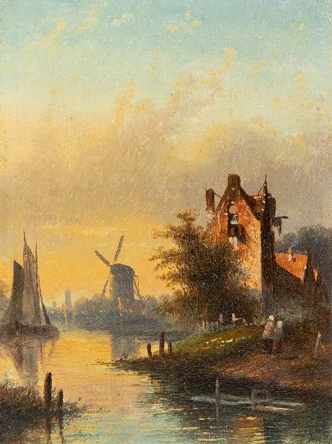 Jacob Jan Coenraad Spohler | Flusslandschaft mit Segelschiff, Figuren und Mühle, Öl auf Tafel, 16,0 x 11,9 cm