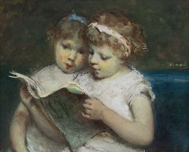 Bernard Blommers | Zwei lesende Schwestern, Gouache auf Papier, 25,5 x 32,5 cm, Unterzeichnet m.r.