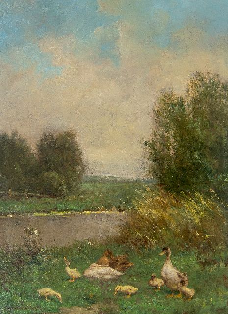 Constant Artz | Enten mit Küken am Ufer, Öl auf Tafel, 39,9 x 30,1 cm, Unterzeichnet u.l.