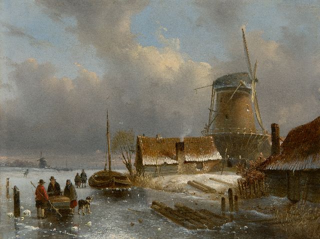 Charles Leickert | Holländische Winterlandschaft mit Güterschlitten und Figuren auf dem Eis, Öl auf Tafel, 24,4 x 32,5 cm, Unterzeichnet u.r.