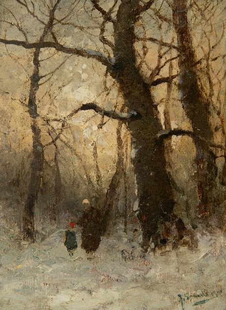 Johann Jungblut | Figuren in einem verschneiten Wald (Anhänger Sommer), Öl auf Holz, 16,1 x 11,8 cm, Unterzeichnet u.r. J. Sander [pseudoniem]