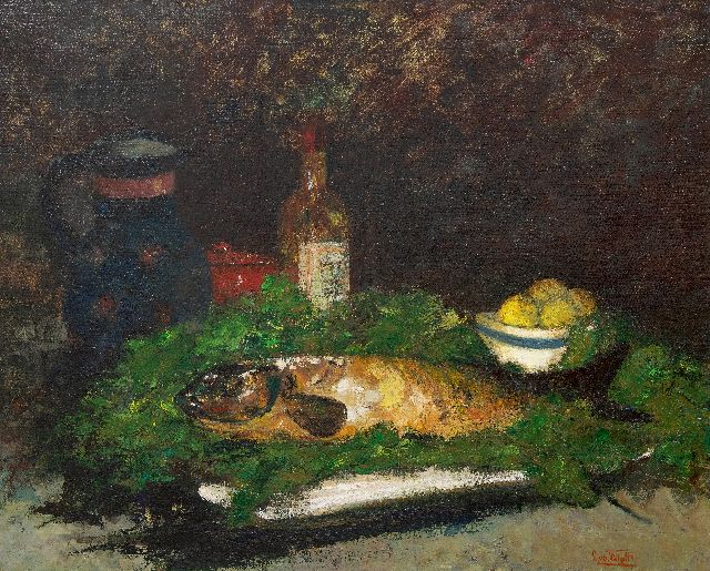 Windt Ch. van der | Stillleben mit einem Fisch, Weinflasche und Obstschale, Öl auf Leinwand 71,3 x 86,0 cm, Unterzeichnet u.r.