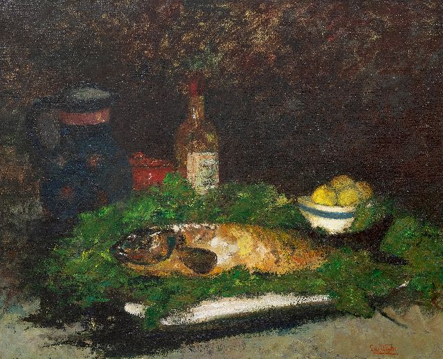 Chris van der Windt | Stillleben mit einem Fisch, Weinflasche und Obstschale, Öl auf Leinwand, 71,3 x 86,0 cm, Unterzeichnet u.r.