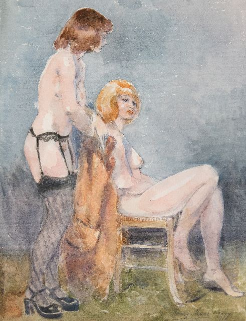 Maas H.F.H.  | Stehend und sitzend Nackt, Aquarell auf Papier 51,7 x 38,8 cm, Unterzeichnet u.r. und datiert 1977