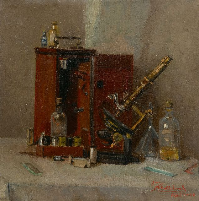 Jan Schellekens | Stilleben von Apothekerinstrumente, Öl auf Leinwand, 25,0 x 25,0 cm, Unterzeichnet u.r. und datiert April 1944