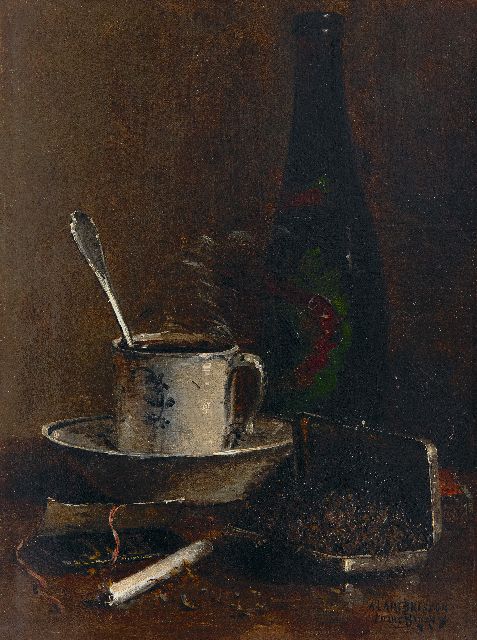 Louis Bigaux | Stillleben mit Tabakdose, Zigarette und Kaffeetasse, Öl auf Leinwand, 32,4 x 24,6 cm, Unterzeichnet u.r.