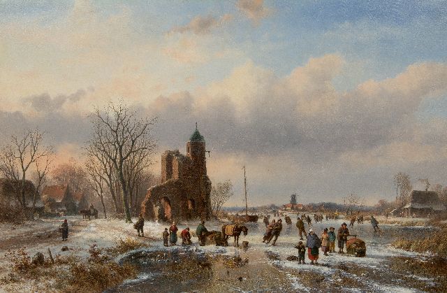 Willem Vester | Skater auf dem Eis bei einer Burgruïne    [x]  Vertaling  Figuren auf dem Eis bei einer Burgruine, Öl auf Leinwand, 82,1 x 124,8 cm, Unterzeichnet l.u.