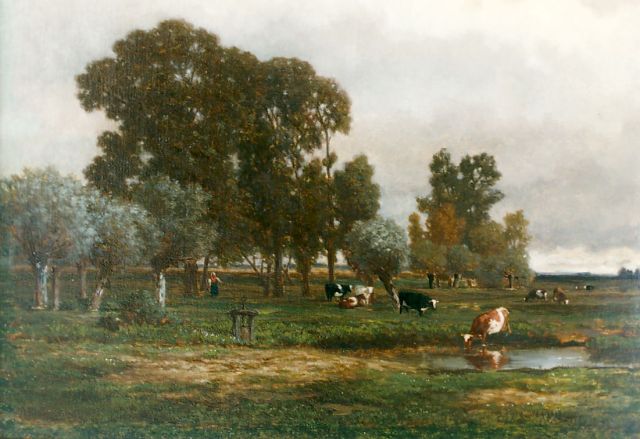 Alexander Mollinger | Cows in a meadow, Öl auf Leinwand, 38,8 x 51,5 cm, signed l.l. und dated 1857