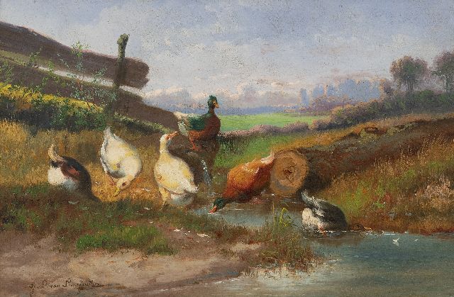Leemputten J.L. van | Enten am Wasser, Öl auf Leinwand 24,0 x 36,5 cm, Unterzeichnet u.l.