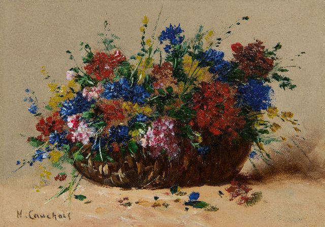 Eugène-Henri Cauchois | Sommerblumen im Korb, Öl auf Holz, 16,8 x 24,1 cm, Unterzeichnet u.l.