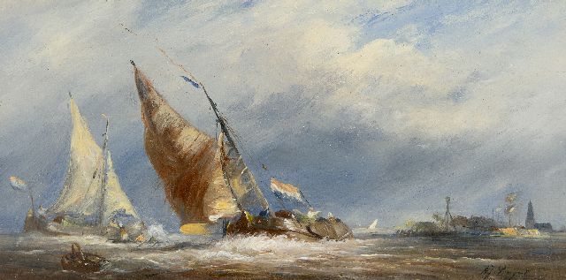 Albert Jurardus van Prooijen | Segelschiffe bei stürmischem Wetter, Öl auf Holz, 14,7 x 29,4 cm, Unterzeichnet u.r.
