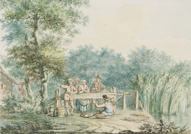 Izaäk Schmidt | Figuren an einem Zaun, Schwarze Kreide und Aquarell auf Papier, 11,9 x 16,8 cm, Unterzeichnet u.m. und im Verso und datiert im Verso 1779