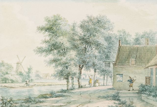 Izaäk Schmidt | Straße entlang eines Kanals bei einem Gasthaus, Aquarell auf Papier, 12,0 x 17,5 cm, Unterzeichnet im Verso