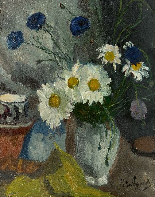 Piet van Wijngaerdt | Weiße Gänseblümchen und Kornblumen, Öl auf Leinwand, 50,3 x 40,3 cm, Unterzeichnet u.r.