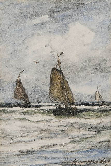 Hendrik Willem Mesdag | Rückkehr der Fischereiflotte Scheveningen, vor dem SCH-9, Braune Tinte und Aquarell auf Papier, 19,5 x 15,5 cm, Unterzeichnet u.r.