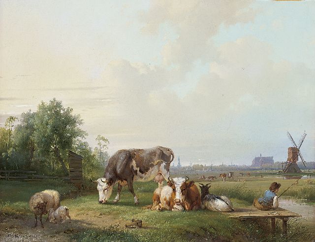 Pieter Plas | Vieh und ein Angler in einer Landschaft, Alkmaar in der Ferne, Öl auf Leinwand, 44,4 x 55,2 cm, Unterzeichnet u.l. und datiert 1842