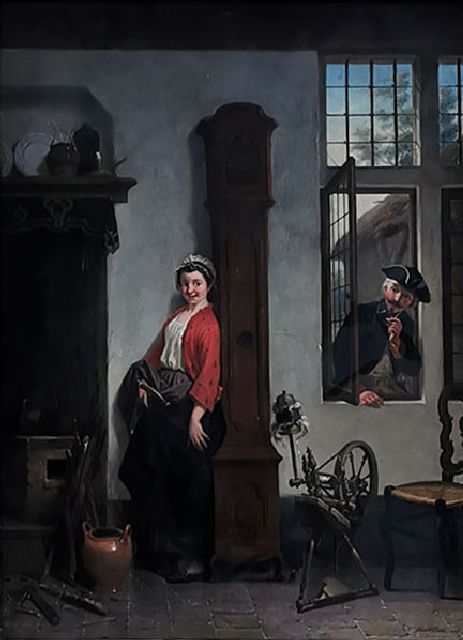 Belgische School, 2e helft 19e eeuw | Besuch beim Spinnen, Öl auf Holz, 69,8 x 49,4 cm, Unterzeichnet u.r. und datiert 1865