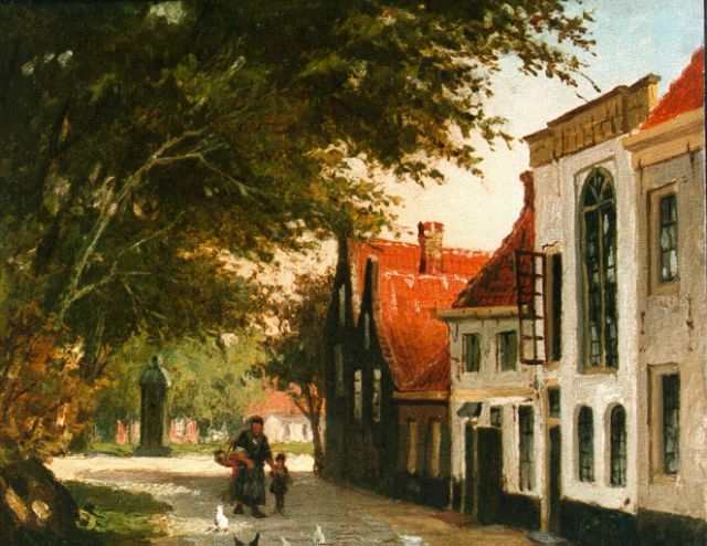 Johannes Jacobus Mittertreiner | A townview in summer with mother and child, Öl auf Holz, 14,5 x 18,2 cm, signed l.r.
