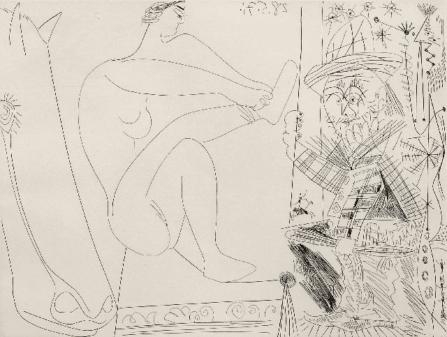 Picasso (Pablo Ruiz y Picasso) P.  | Au cirque. Écuyère se chaussant dans les coulisses et clown au trapèze., Radierung 31,4 x 41,2 cm, datiert 28.5.71 (in der Platte)