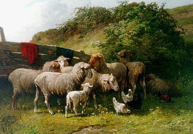 Cornelis van Leemputten | Sheep and chickens by a fence, Öl auf Holz, 62,3 x 88,5 cm, signed l.r. und dated '73