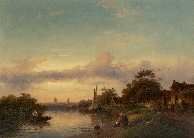 Charles Leickert | Flussansicht bei Sonnenuntergang, Öl auf Holz, 23,0 x 31,6 cm, Unterzeichnet u.l. und datiert '54