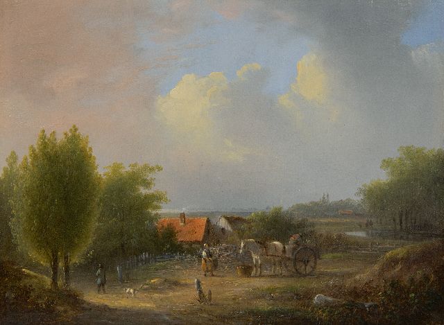 Jacobus van der Stok | Landschaft mit Bauern, Öl auf Tafel, 19,3 x 26,0 cm