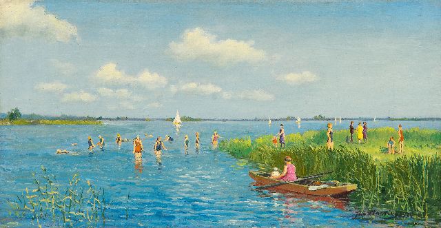 Jan Planting | Badespaß im Sommer bei De Leien in Friesland, Öl auf Leinwand, 19,6 x 37,1 cm, Unterzeichnet u.r. und datiert 1939