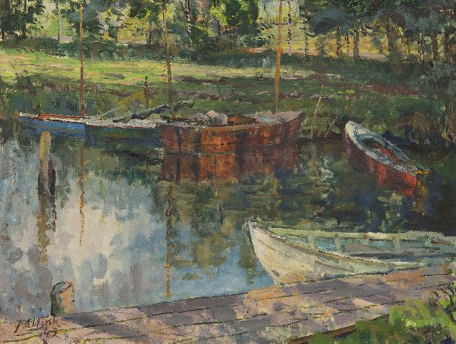 Jan Altink | Festgemachte Boote bei dem Paterswoldse See, Öl auf Leinwand, 60,8 x 80,6 cm, Unterzeichnet u.l. und datiert '43