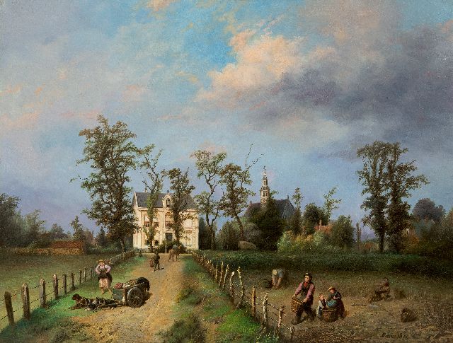 Jan Fabius | Blick auf den Achterweg in Heemstede mit dem neuen Pfarrhaus und der Oude Kerk, Öl auf Leinwand  auf Holzfaser, 49,4 x 64,4 cm, Unterzeichnet u.r. und datiert 1875