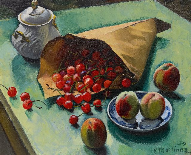 Martinez R.  | Stillleben mit Kirschen und Pfirsichen, Öl auf Leinwand 45,2 x 55,3 cm, Unterzeichnet u.r. und datiert '34
