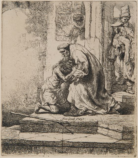 Rembrandt | Die Rückkehr des verlorenen Sohnes, Radierung, 15,6 x 13,6 cm, Unterzeichnet l.c. (auf dem Teller) und datiert 1636 (auf dem Teller)