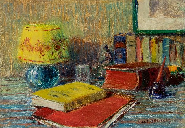 Gervais P.J.L.  | Stillleben mit Büchern und Lampe, Öl auf Holz 10,1 x 14,3 cm, Unterzeichnet u.r.