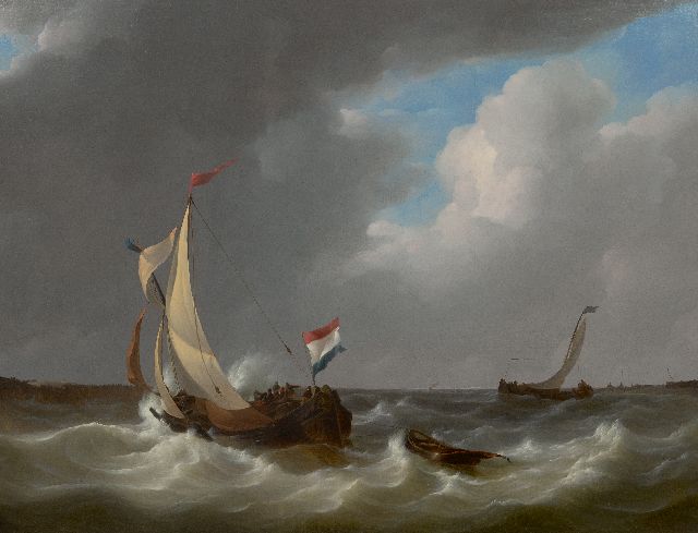Johannes Christianus Schotel | Holländisches Boot auf unruhiger See, Öl auf Leinwand, 71,4 x 93,3 cm, Unterzeichnet u.l. und datiert 1829