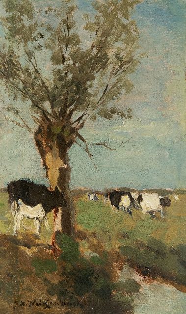 Jan Hendrik Weissenbruch | Kühe and einer Kopfweide, Öl auf Leinwand auf Holz, 32,1 x 19,1 cm, Unterzeichnet u.l. und zu datieren um Jahren 1890