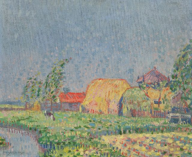 Louis Saalborn | Sommerlandschaft mit Bauernhof und Heuhaufen, Öl auf Leinwand, 31,8 x 38,3 cm, Unterzeichnet u.l.
