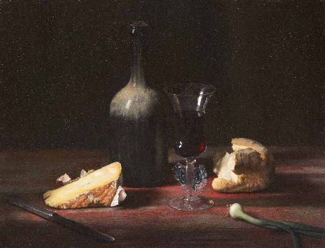 Jan Eversen | Stillleben mit einem Glas Portwein und Blauschimmelkäse, Öl auf Leinwand, 41,0 x 51,0 cm, Unterzeichnet u.l. und datiert 1958