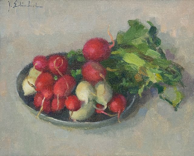 Joop Stierhout | Rote und weisse Radieschen auf einer Schüssel, Öl auf Leinwand, 20,1 x 25,3 cm, Unterzeichnet o.l.